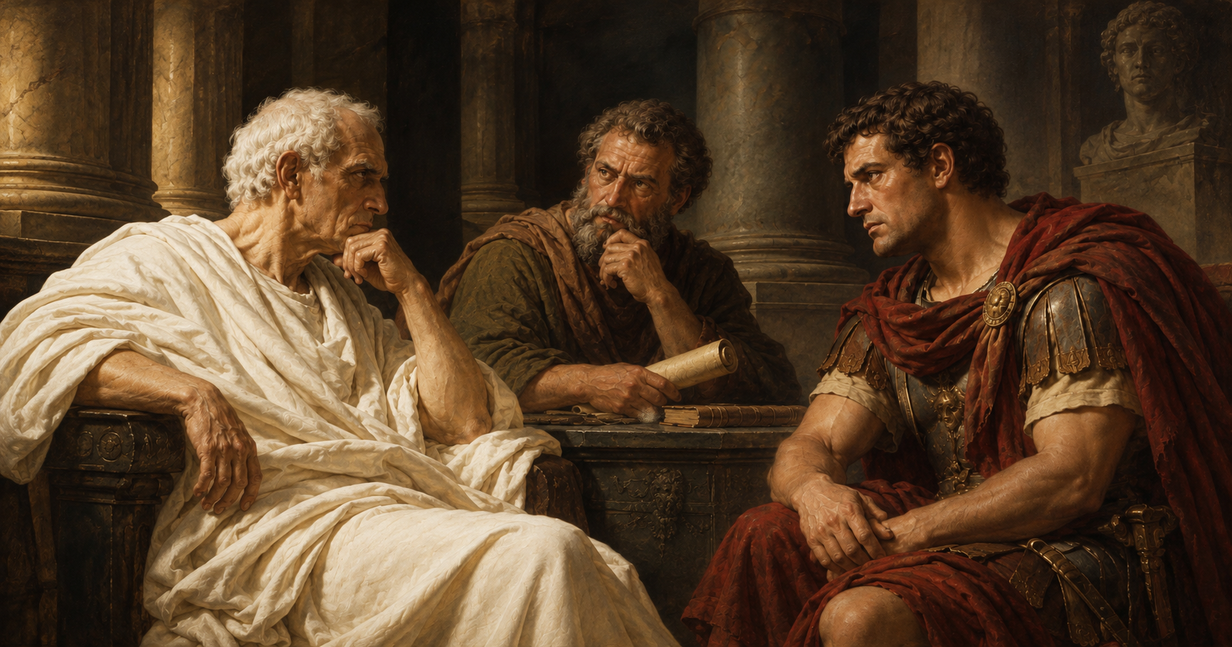 Scena evocativa in stile pittorico classico: tre figure romane in raccoglimento tra colonne e manoscritti.